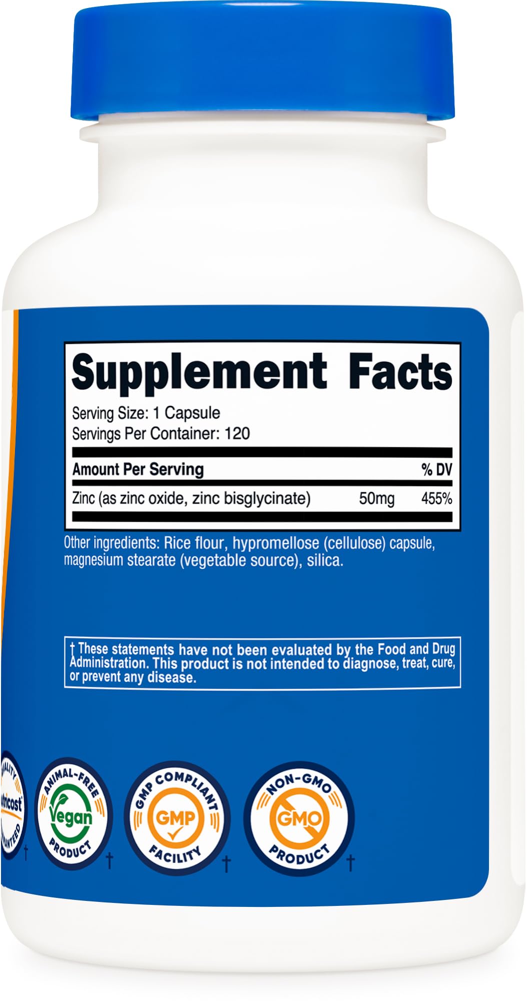 Nutricost zinc bisglycinate packaging on shelf highlighting gluten-free and GMO-free formula.