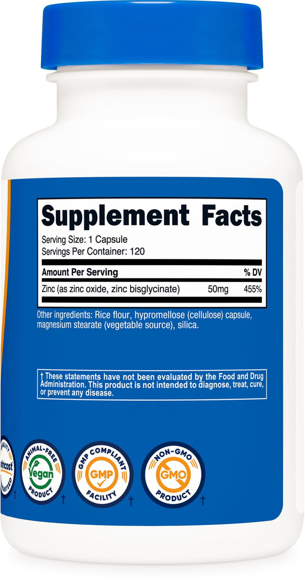 Nutricost zinc bisglycinate packaging on shelf highlighting gluten-free and GMO-free formula.