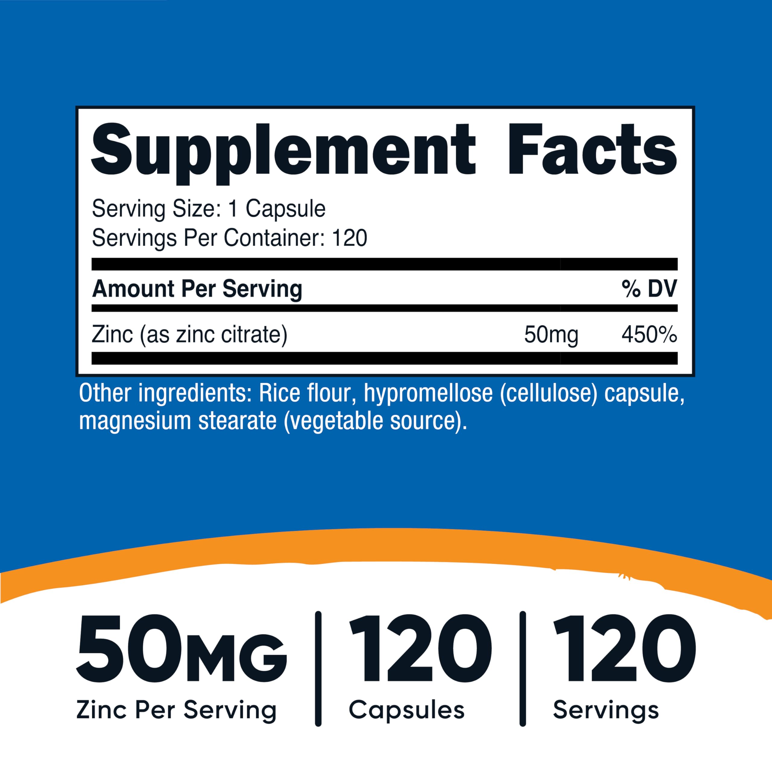 Nutricost Zinc Citrate 50mg capsules shown for vegan and gluten-free daily care.