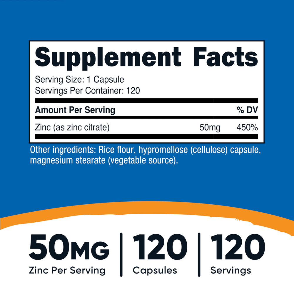 Nutricost Zinc Citrate 50mg capsules shown for vegan and gluten-free daily care.