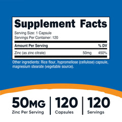 Nutricost Zinc Citrate 50mg capsules shown for vegan and gluten-free daily care.