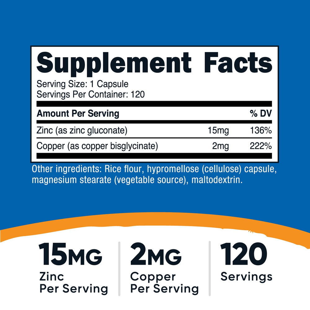 Close-up of Nutricost zinc-copper capsules showing smooth capsules for easy swallowing.