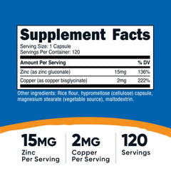 Close-up of Nutricost zinc-copper capsules showing smooth capsules for easy swallowing.