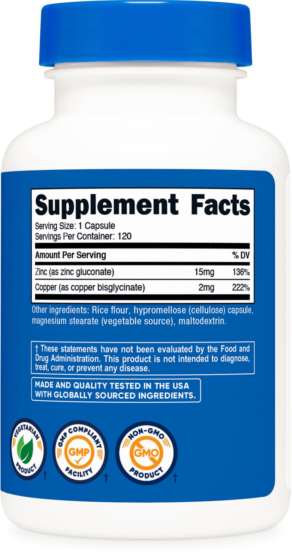 Supplement facts panel illustrating 15 mg zinc and 2 mg copper per serving.