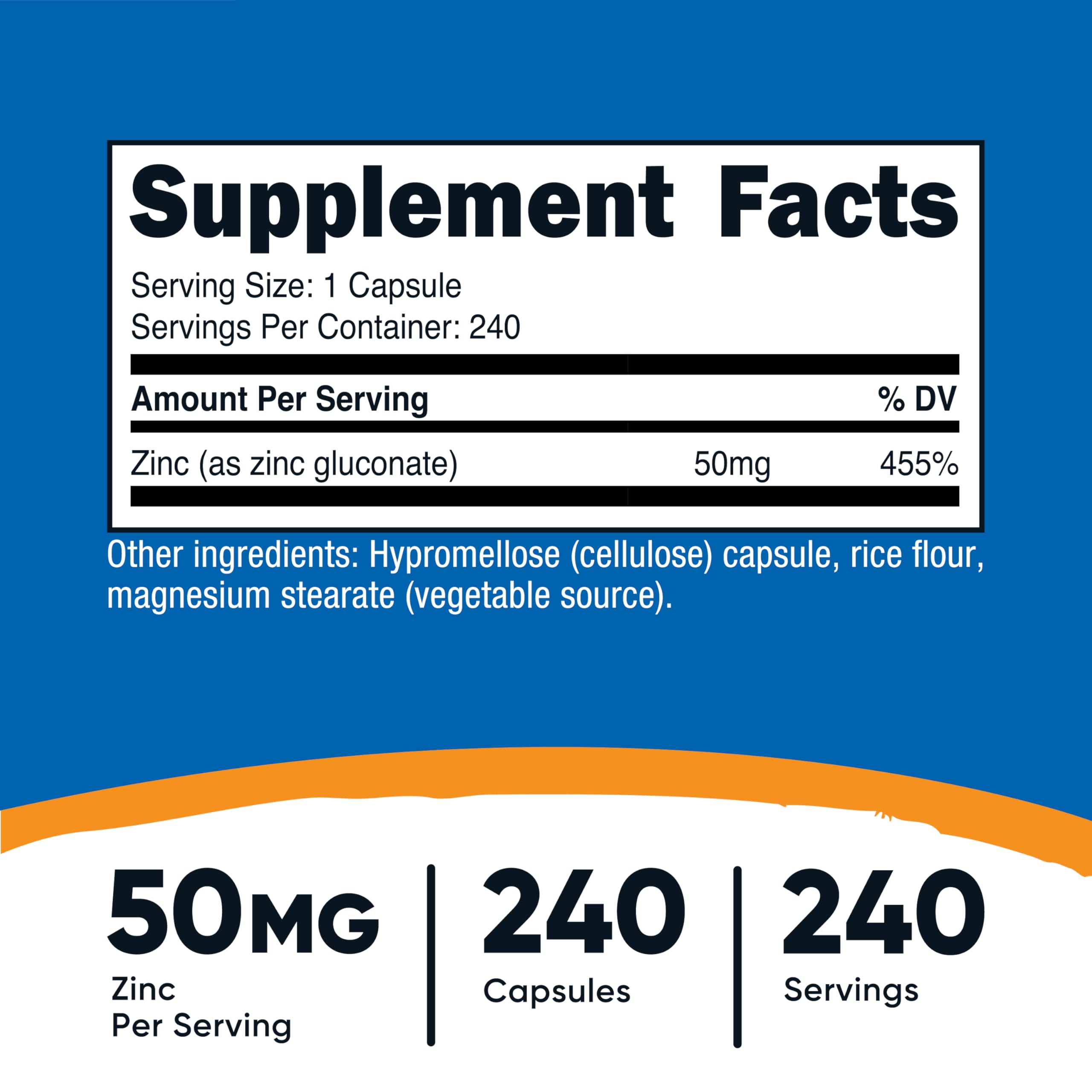 Nutricost zinc gluconate bottle front label highlights 50 mg per capsule.