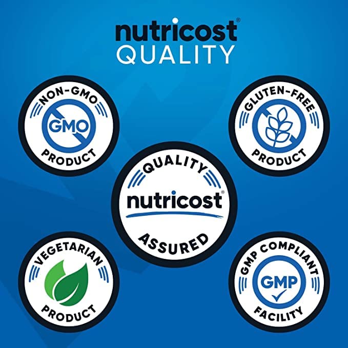Nutricost zinc gluconate bottle side panel shows gluten-free and non-GMO details.