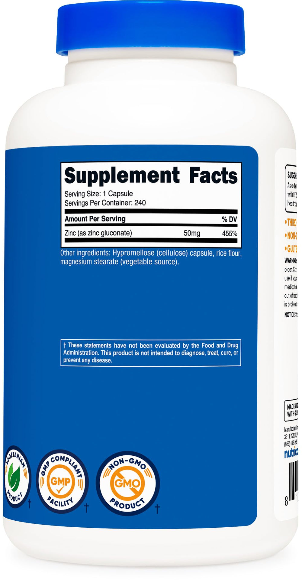 Nutricost zinc gluconate bottle with capsules visible for convenient use.