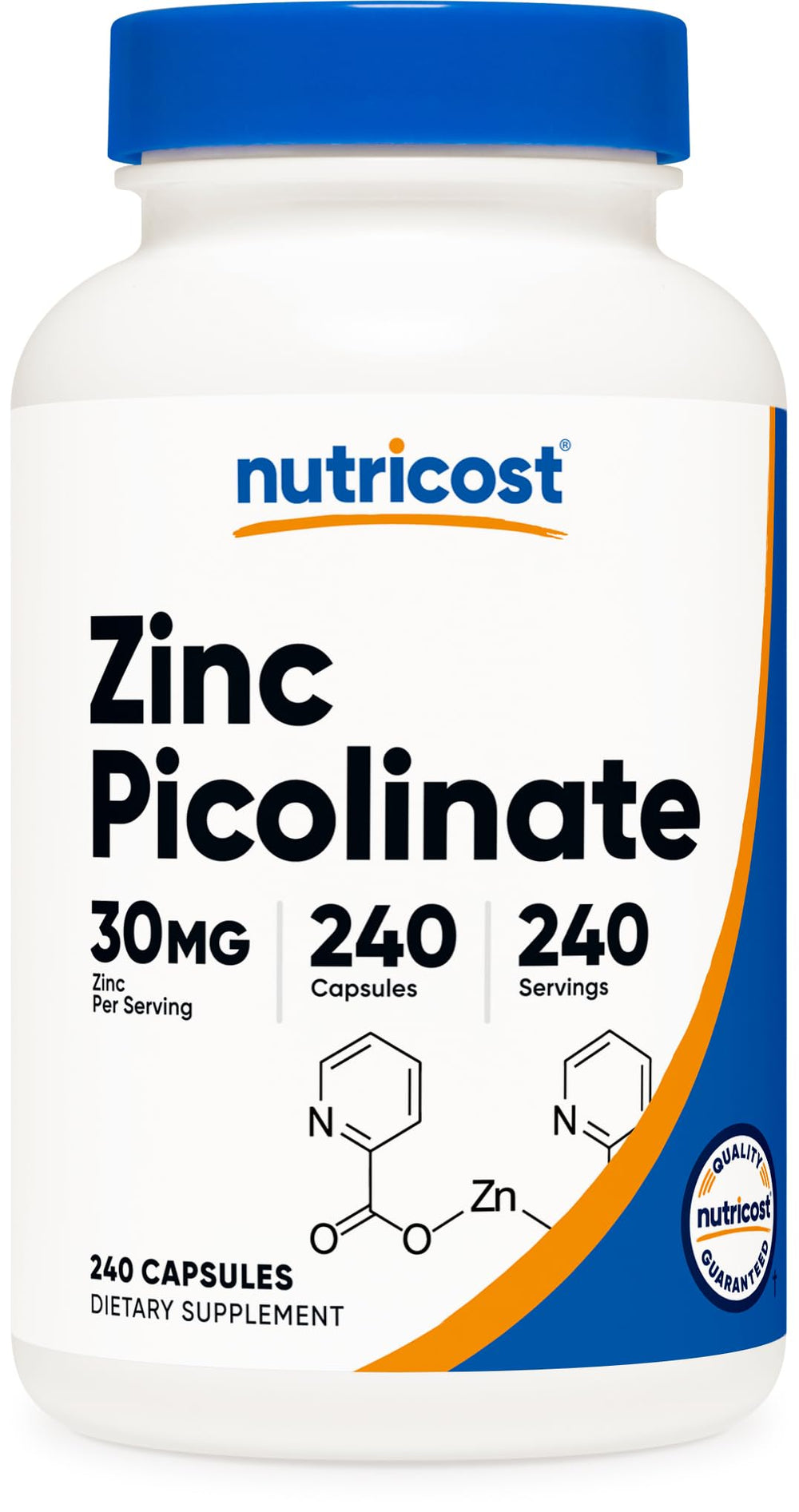 Nutricost Zinc Picolinate 30mg bottle front view for daily supplement routine.