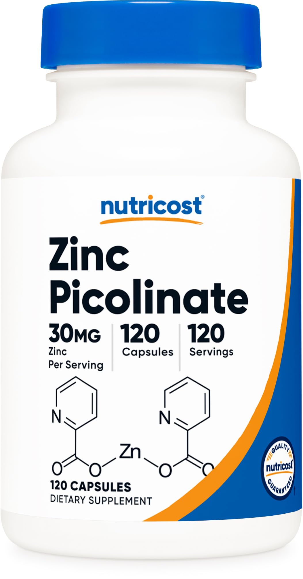 Nutricost Zinc Picolinate 30mg bottle label shows non-GMO, gluten-free formula