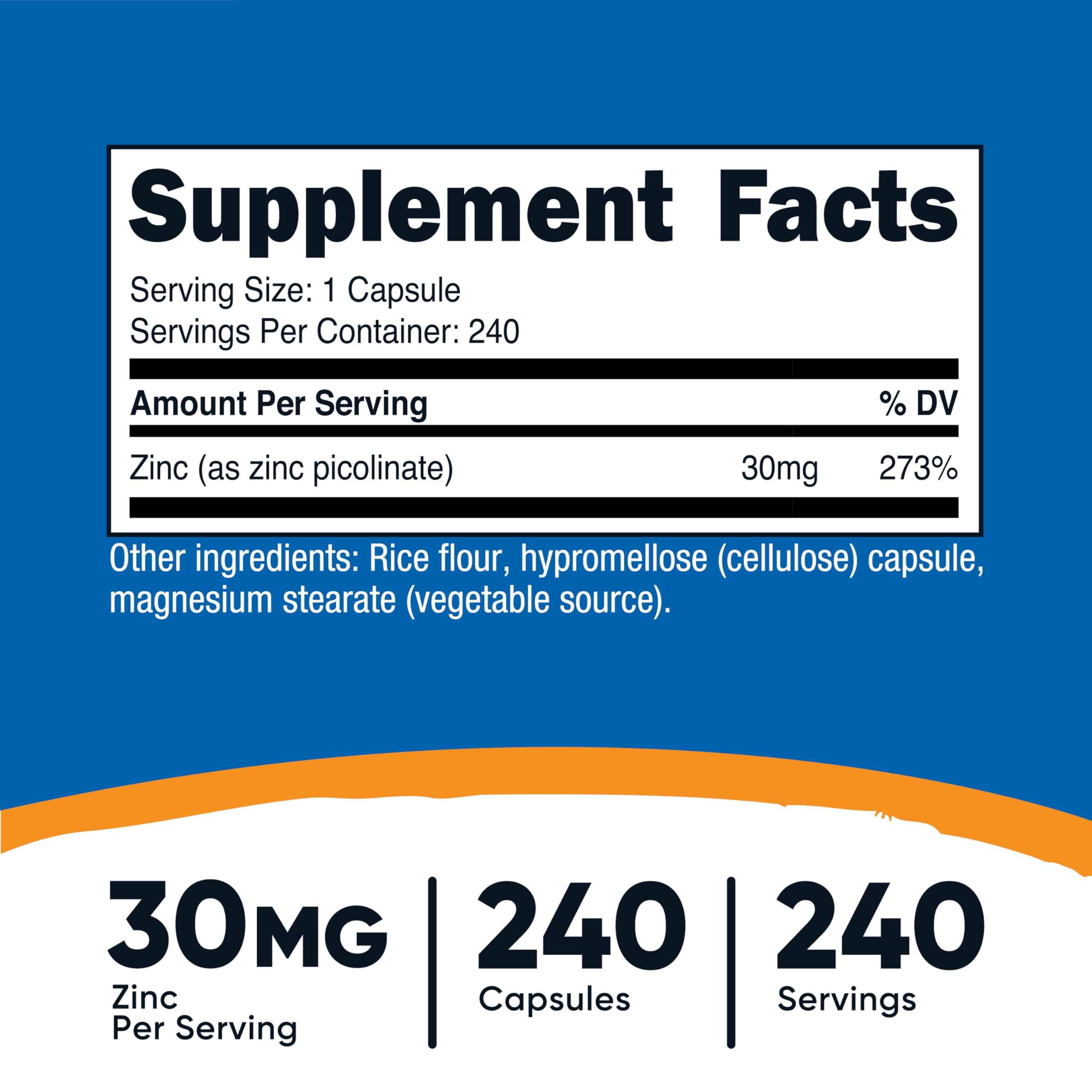 Nutricost Zinc Picolinate 30mg capsules close-up for easy daily intake.