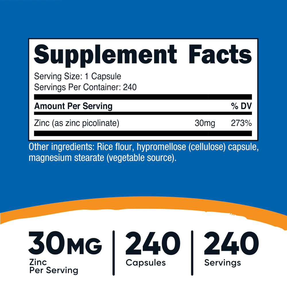 Nutricost Zinc Picolinate 30mg capsules close-up for easy daily intake.