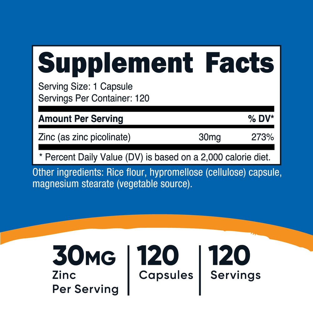 Close-up of Nutricost Zinc Picolinate 30mg capsules for easy dosing