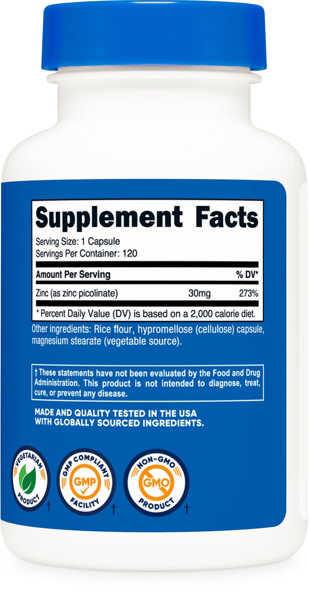 Nutricost zinc bottle emphasizes non-GMO vegetarian capsules
