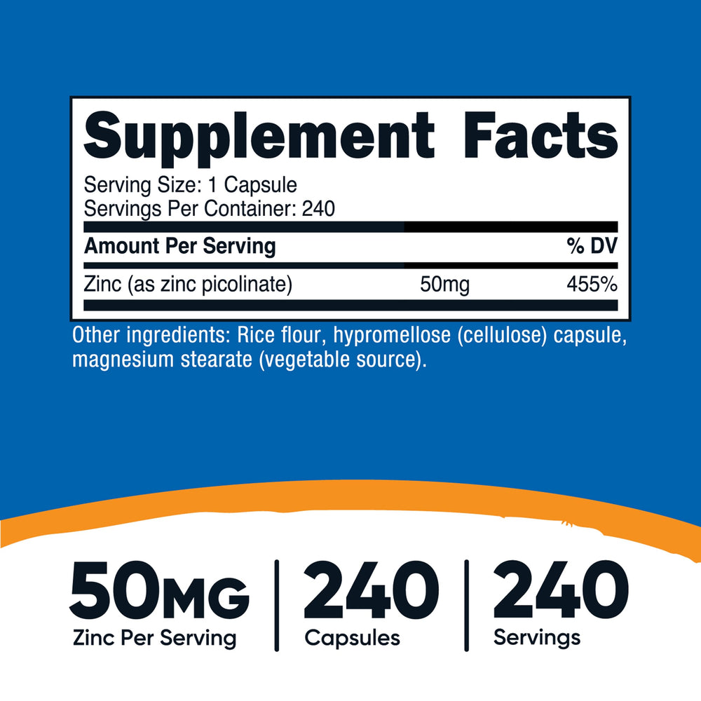Nutricost Zinc Picolinate 50mg capsule close-up for easy daily dosing.