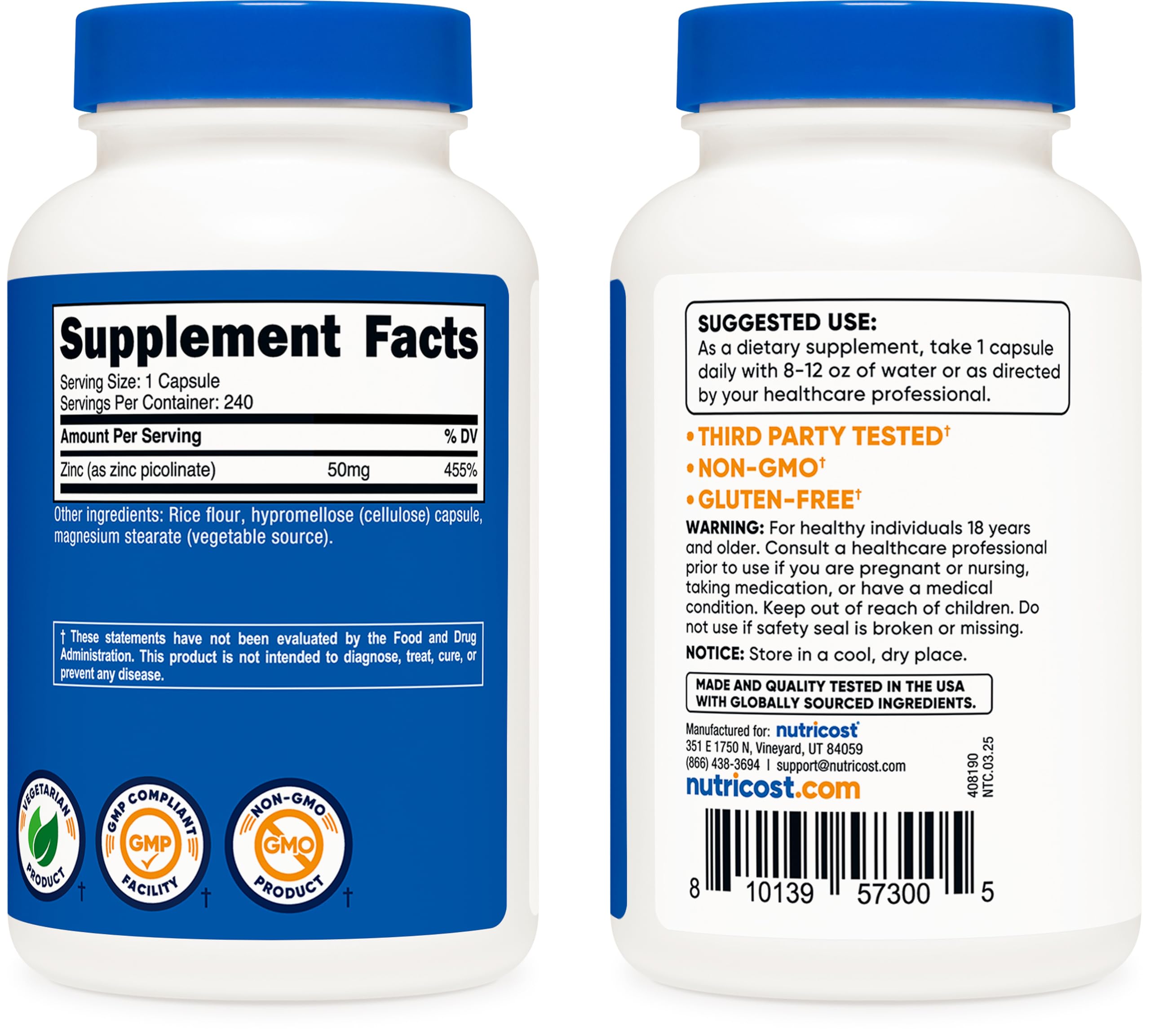 Nutricost Zinc Picolinate 50mg daily-use pack suggests practical, high-potency support.