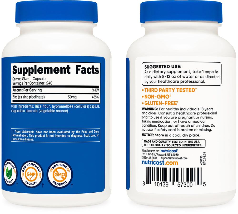 Nutricost Zinc Picolinate 50mg daily-use pack suggests practical, high-potency support.