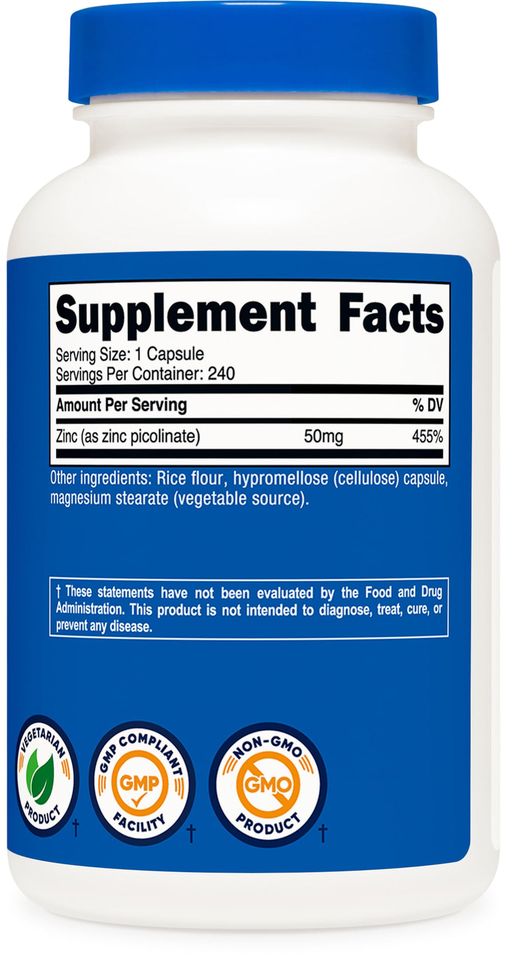 Nutricost Zinc Picolinate 50mg facility certifications badge reinforces quality manufacturing.