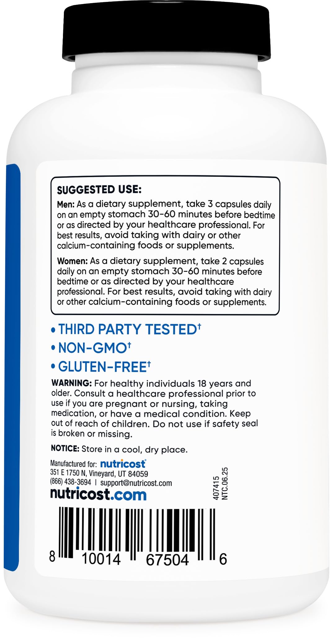 Nutricost ZMA Non-GMO and Gluten Free badges on packaging.