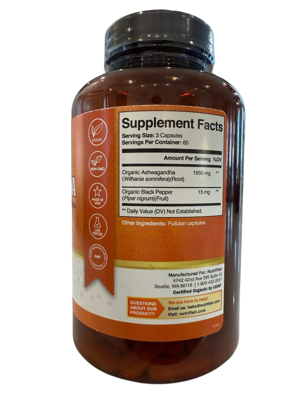 NutriFlair Ashwagandha capsules closeup highlighting potency and daily wellness.
