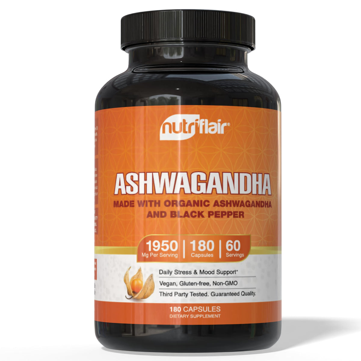 NutriFlair Ashwagandha root extract bottle for stress support.