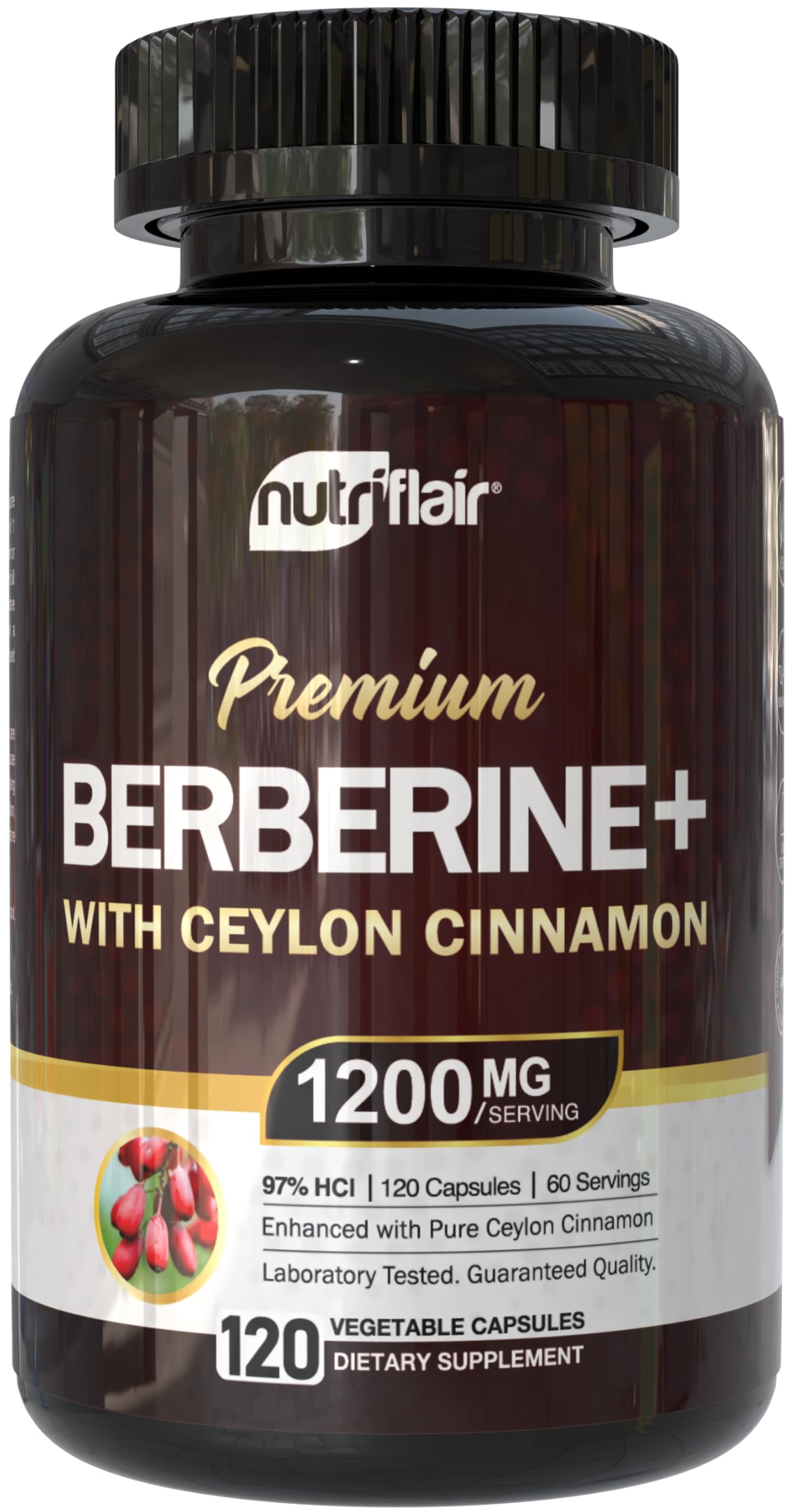 NutriFlair Berberine 97% HCl bottle front highlights premium, high-potency formula.