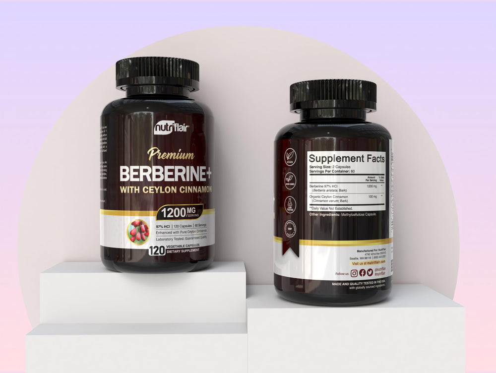 NutriFlair Berberine capsules close-up for easy daily vegan dosing.