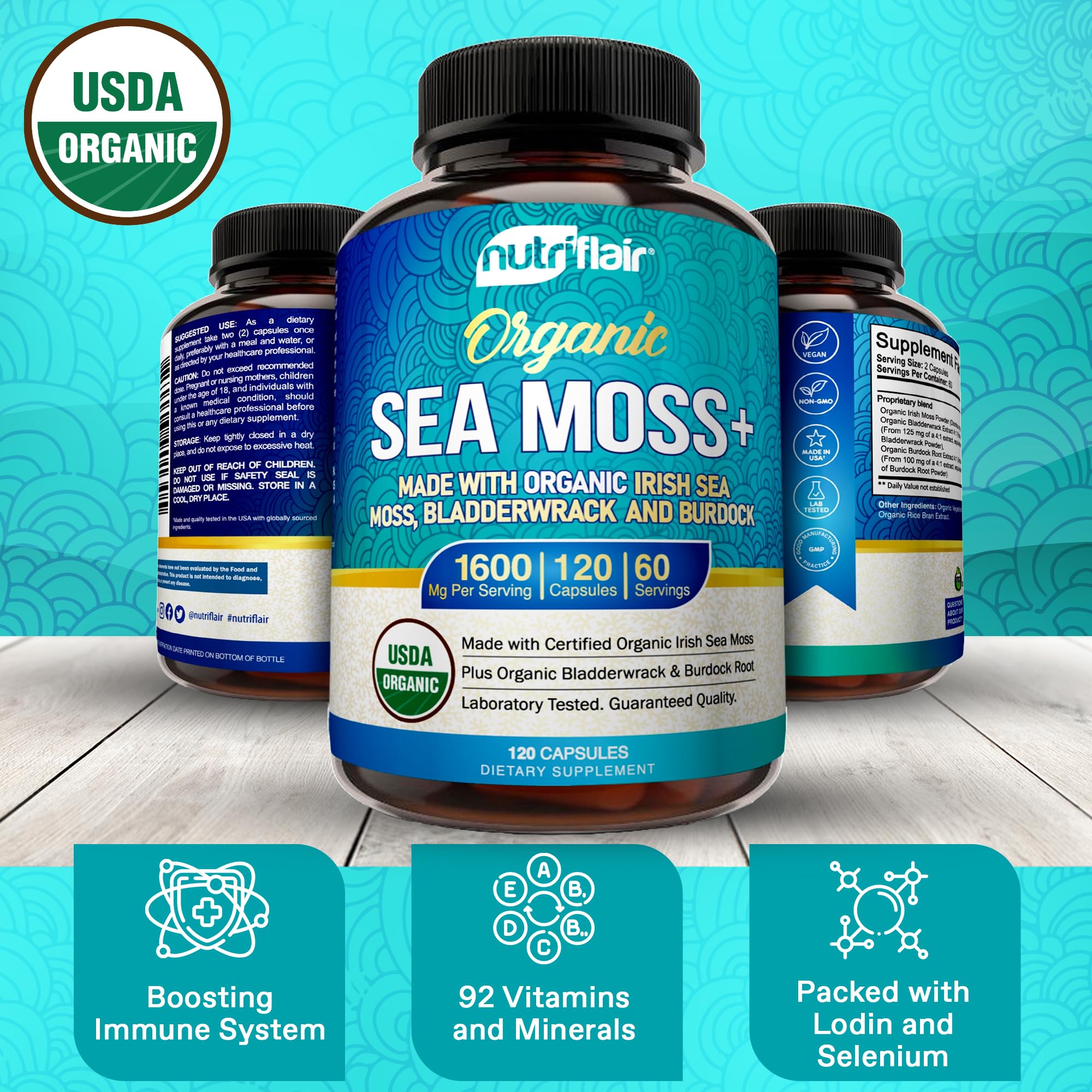 NutriFlair bladderwrack burdock capsules with GMP badge for purity and mineral support.