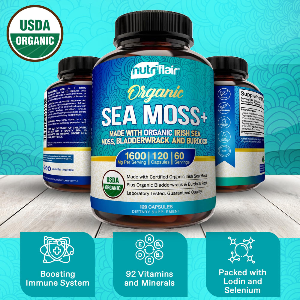 NutriFlair bladderwrack burdock capsules with GMP badge for purity and mineral support.
