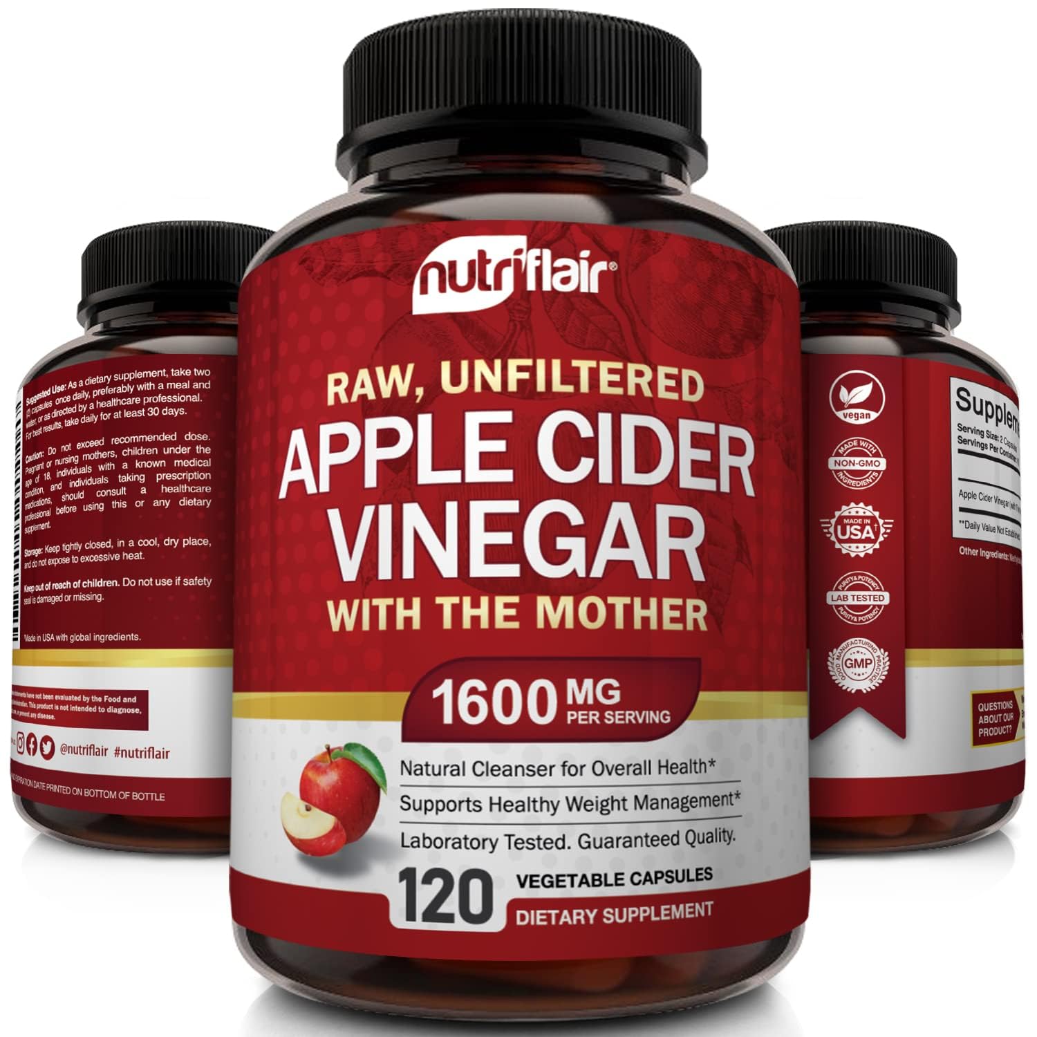 NutriFlair bottle label detail emphasizes potency and vegan-friendly formula.