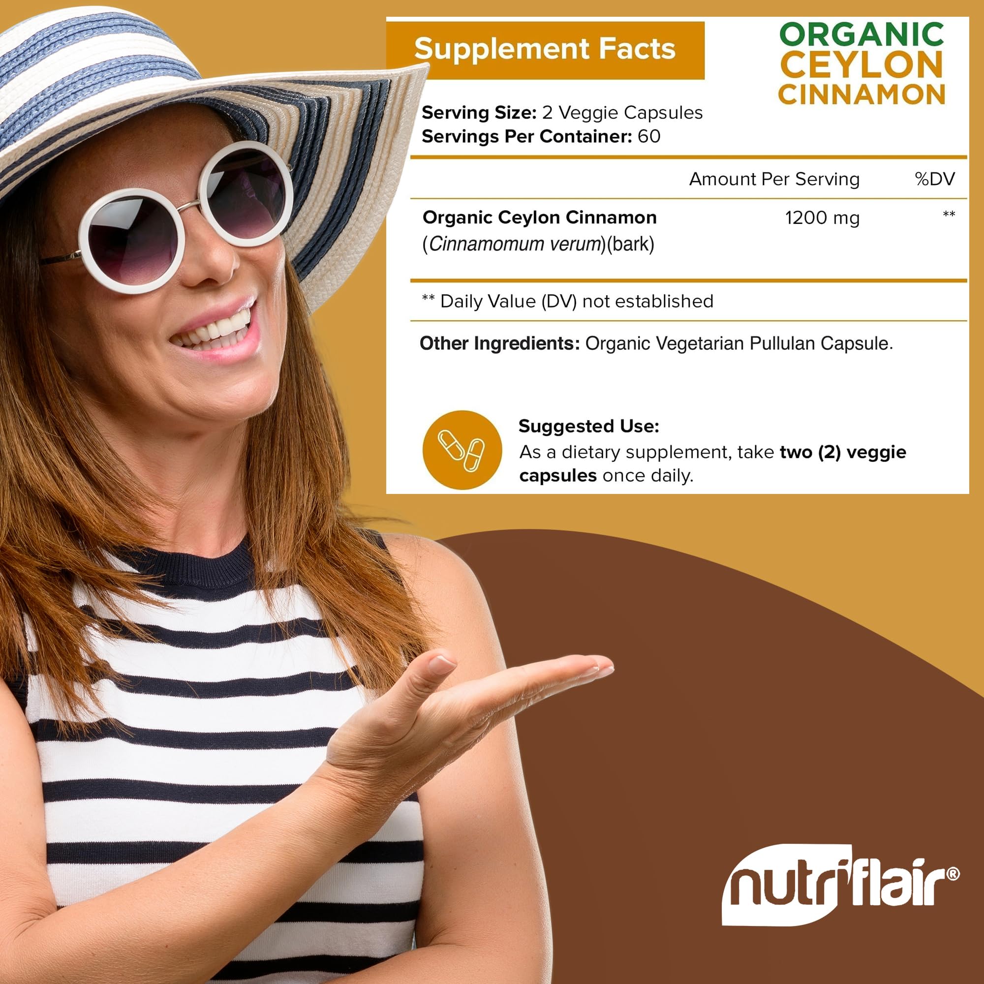 NutriFlair Cinnamon capsules poured into hand for easy daily routine.