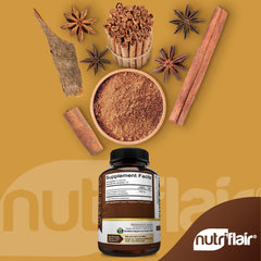 NutriFlair Ceylon Cinnamon capsules close-up emphasizing pure ingredients.