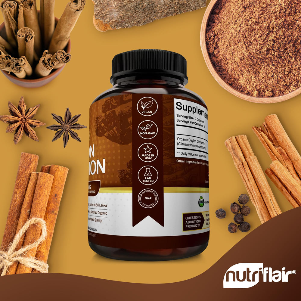 NutriFlair cinnamon label closeup communicates clear dosage and organic credentials