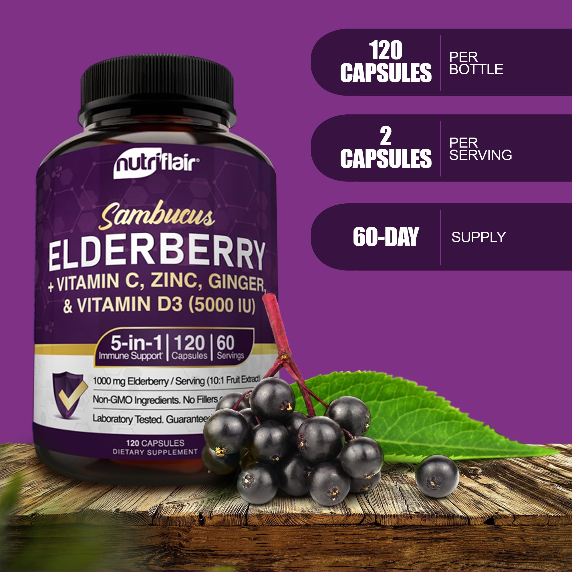 NutriFlair elderberry extract capsules display dark, potent antioxidant form.