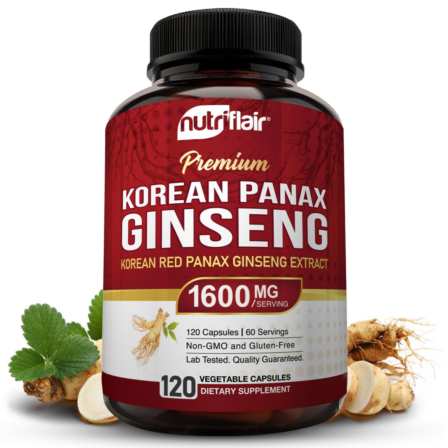 NutriFlair Korean Red Panax Ginseng 1600mg bottle highlights energy support