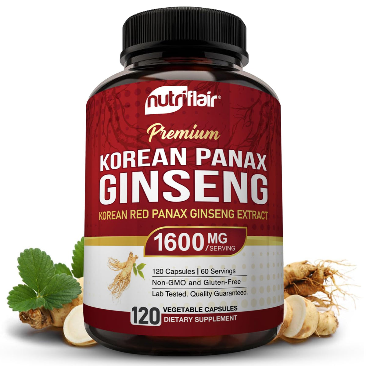 NutriFlair Korean Red Panax Ginseng 1600mg bottle highlights energy support