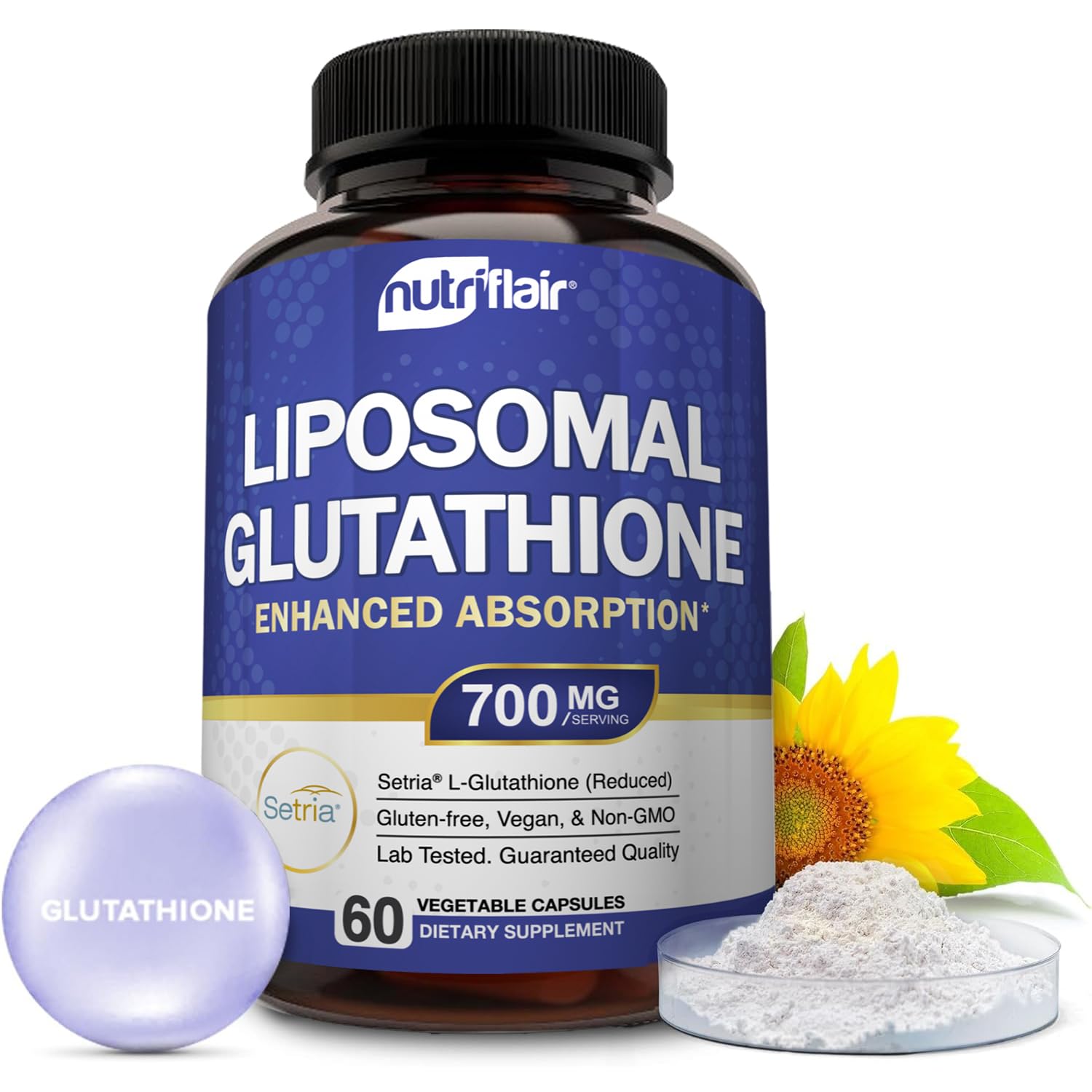 NutriFlair liposomal glutathione 700mg bottle shows premium packaging for daily wellness.