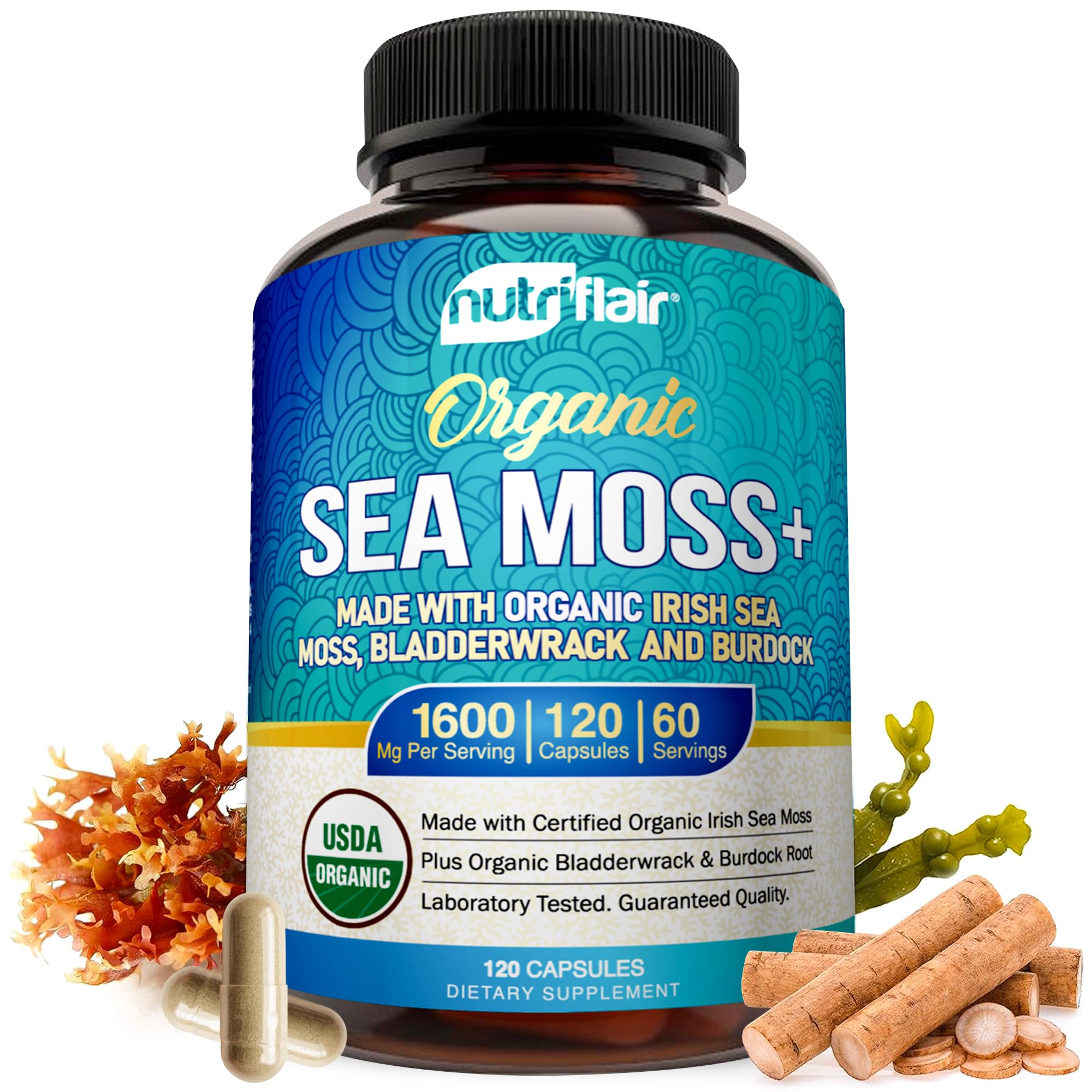 NutriFlair organic sea moss bottle highlighting immune-support potential and clean ingredients.