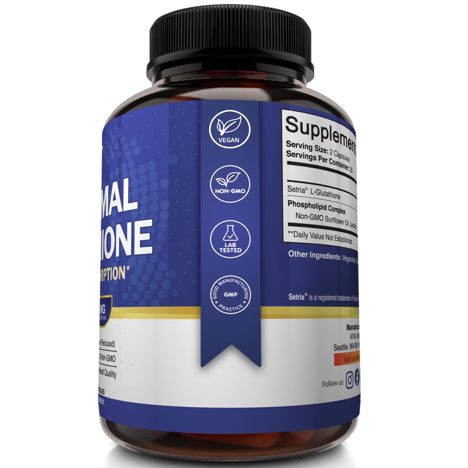 NutriFlair pack shot of glutathione bottle showcases transparent packaging and portion control.