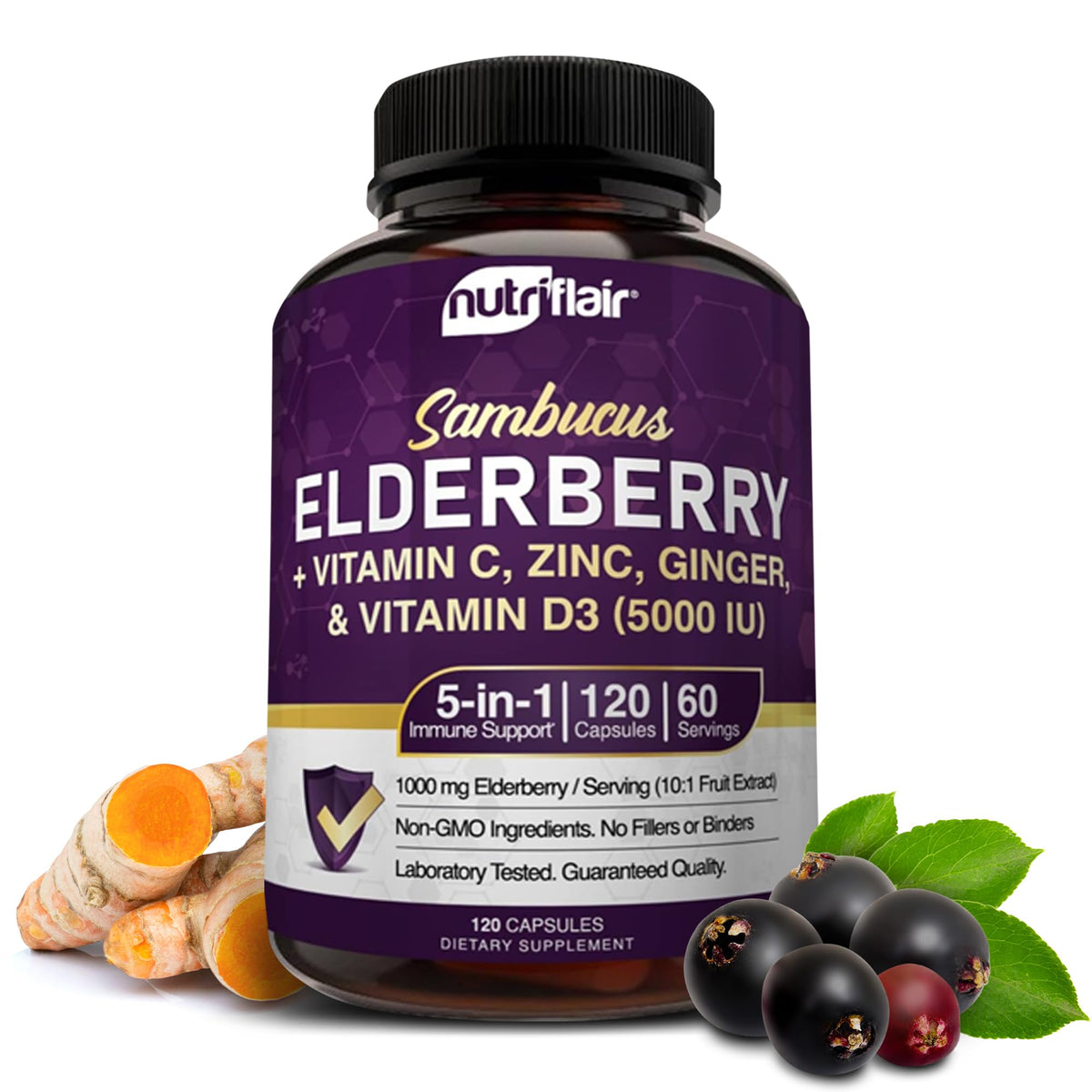 NutriFlair Sambucus elderberry capsules bottle ready for daily immune support.