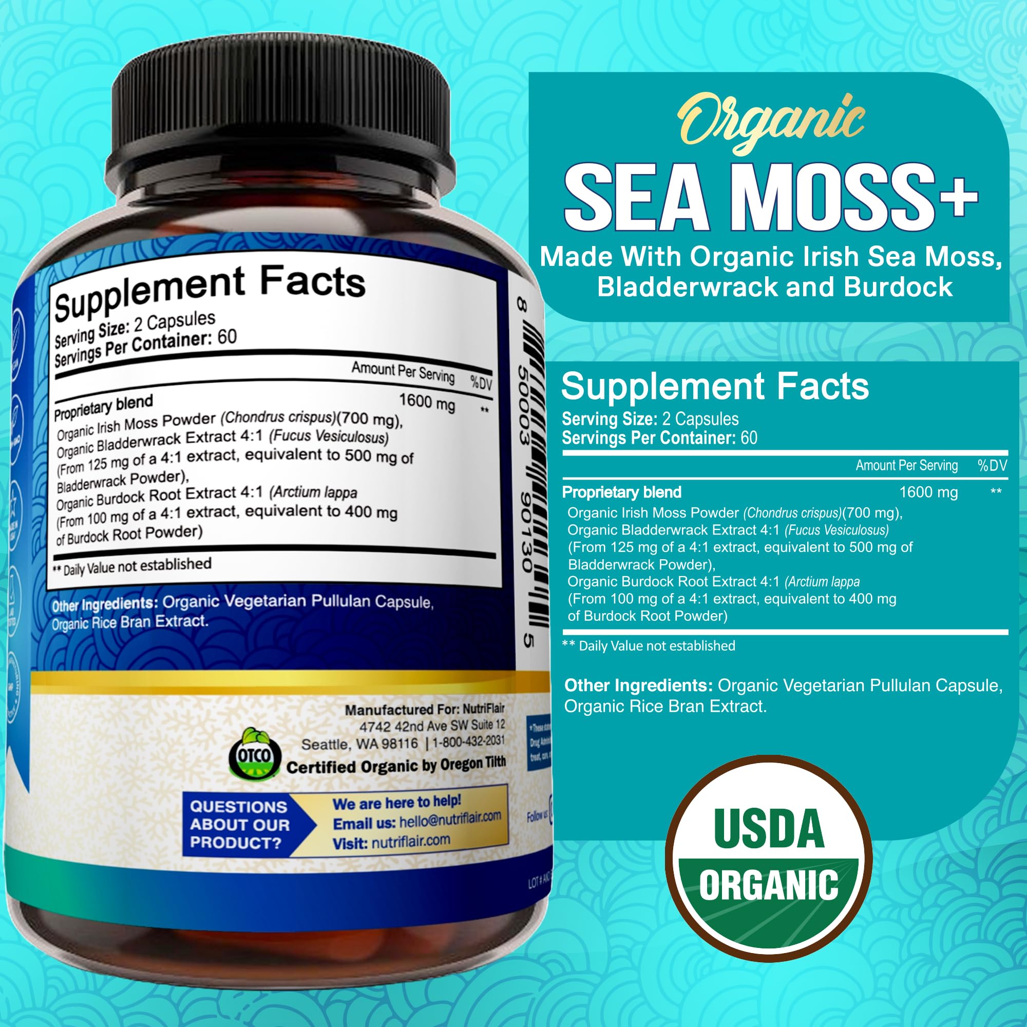 NutriFlair sea moss capsules close-up, convenient daily supplement for digestive balance.