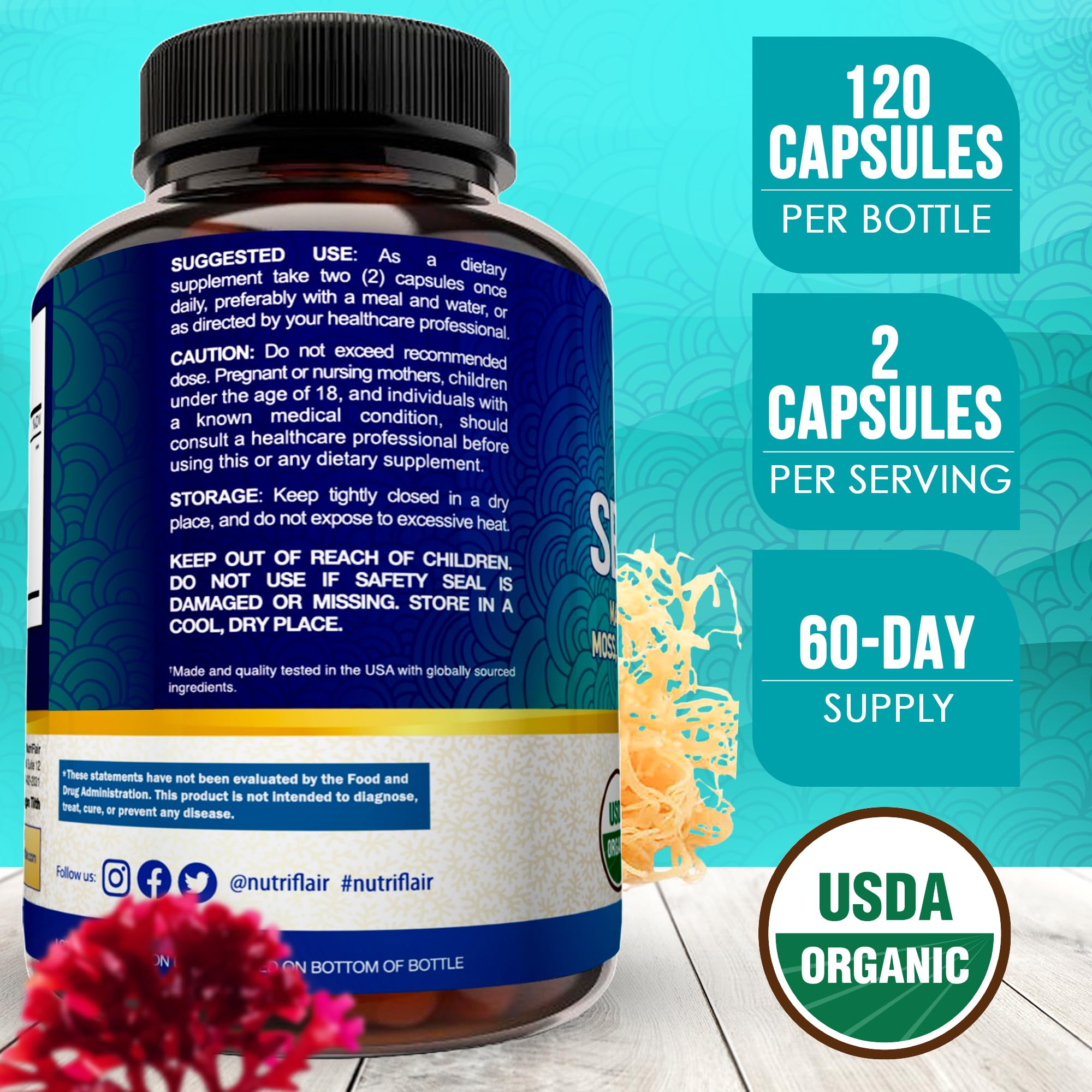 NutriFlair sea moss powder blend highlighting natural minerals and plant-based nutrition.