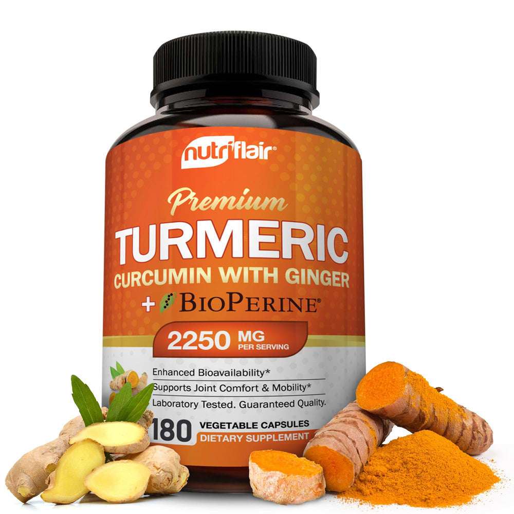 NutriFlair turmeric curcumin bottle with 2250mg serving for potential joint support