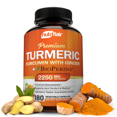 NutriFlair turmeric curcumin bottle with 2250mg serving for potential joint support