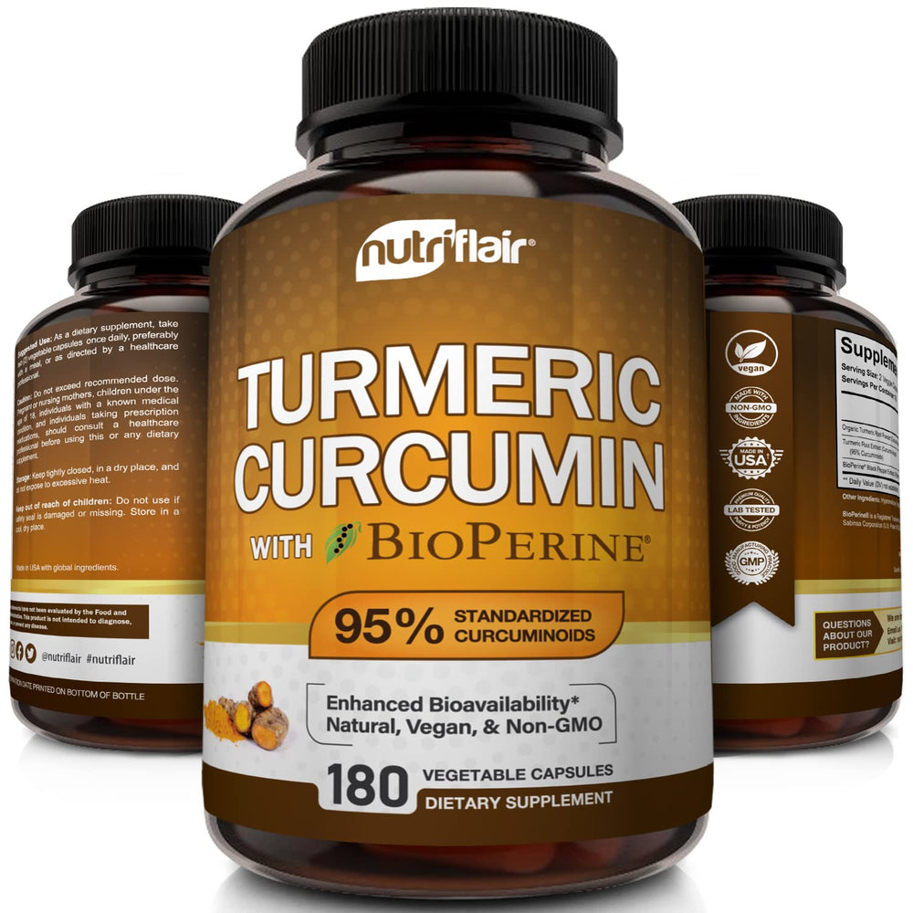 NutriFlair Turmeric Curcumin bottle label with USA-made quality markings.