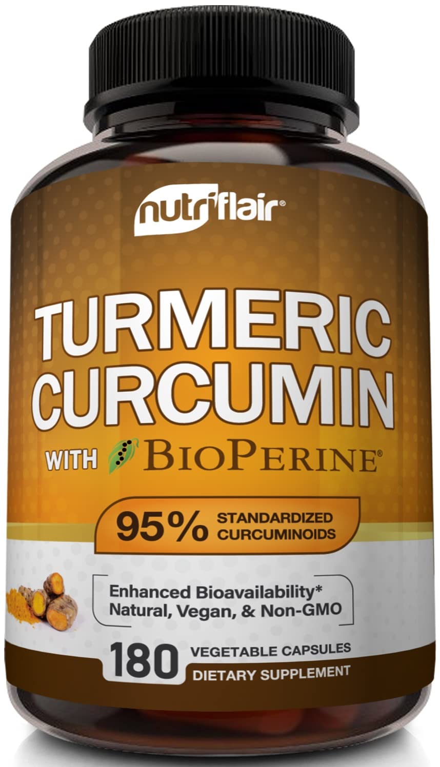 NutriFlair Turmeric Curcumin bottle displaying 180 capsules for a long-lasting daily routine.