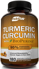 NutriFlair Turmeric Curcumin bottle displaying 180 capsules for a long-lasting daily routine.