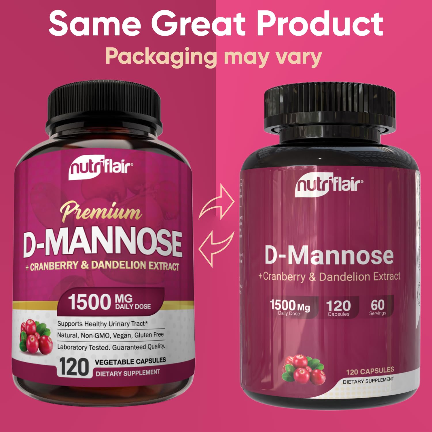 NutriFlair D-Mannose bottle back shows ingredients and GMP promise.