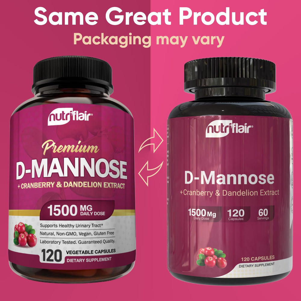 NutriFlair D-Mannose bottle back shows ingredients and GMP promise.