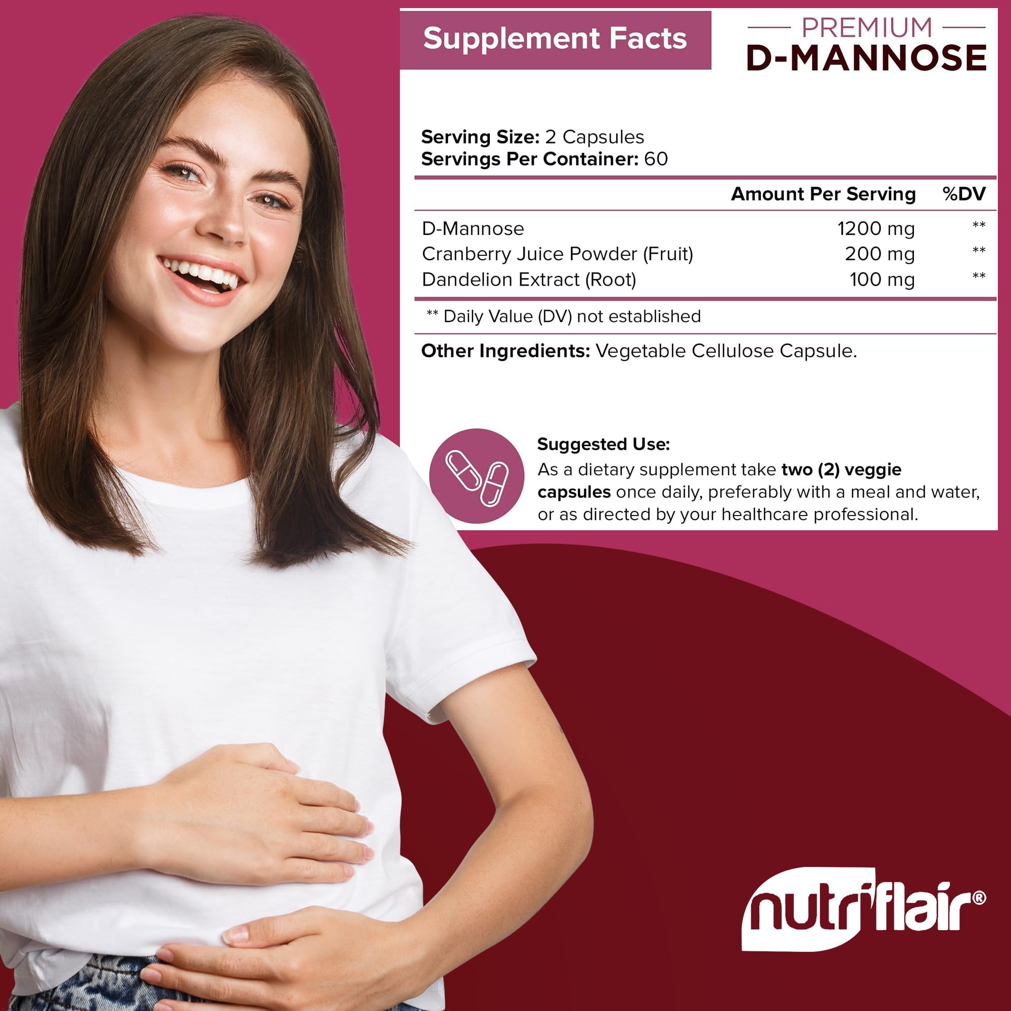 Pour shot of NutriFlair D-Mannose capsules for daily use.
