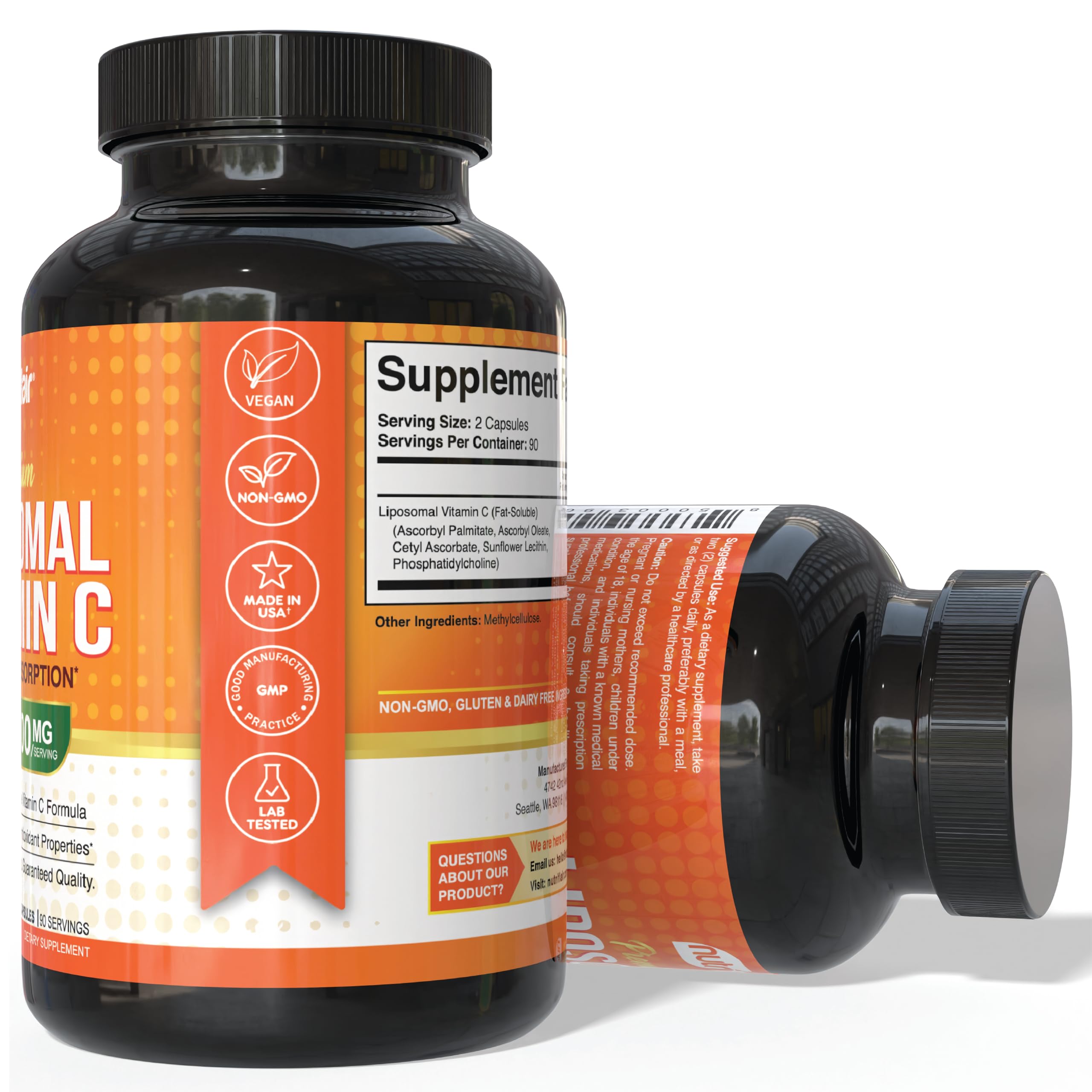 NutriFlair Liposomal Vitamin C clean-label seal indicating GMO-free and artificial-free design